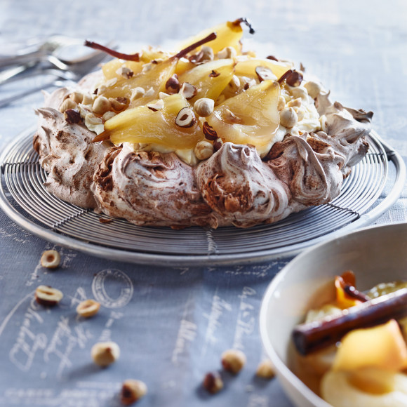 Chocolate Pavlova with Hazelnuts and Pears