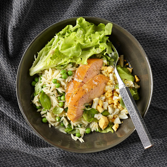 Salad of Hot Smoked Salmon, Risoni and Peas