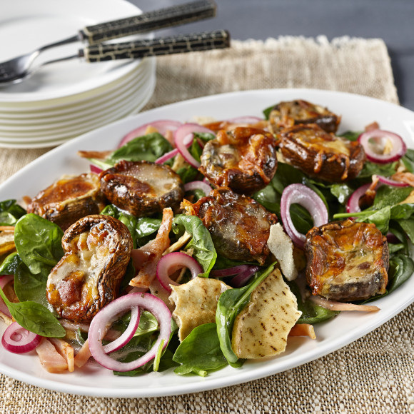 Spinach and Bacon Salad with Stuffed Mushrooms