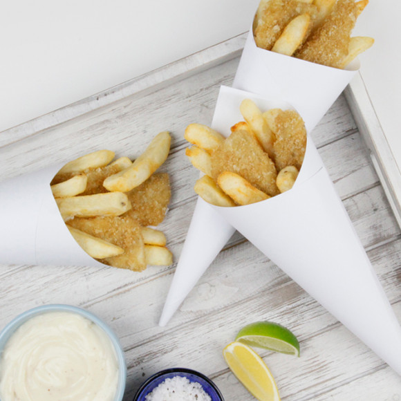 Crumbed whiting and chips cones 