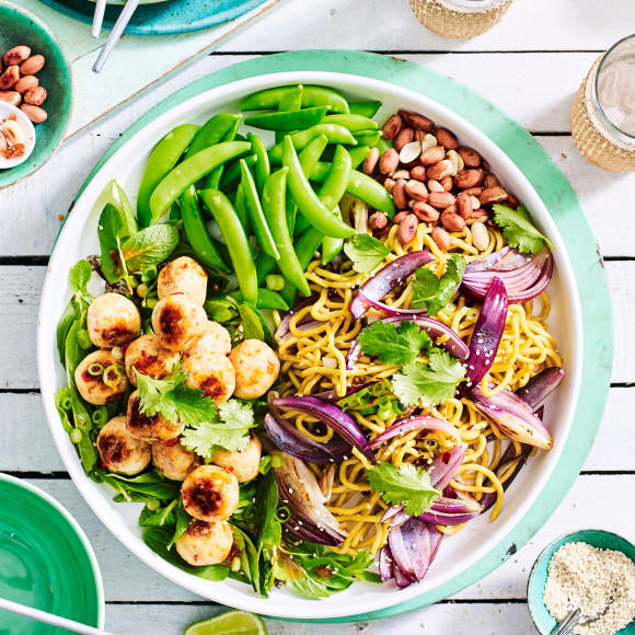 Asian chicken meatballs with noodles recipe