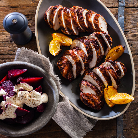 Cinnamon Chicken with Roasted Beetroot and Horseradish Cream