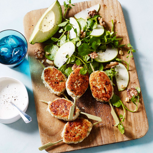 Chicken and Tarragon Skewers with Apple, Walnut Salad