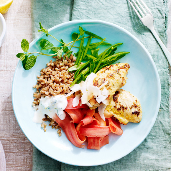 Chicken Steak with Farro, Pickled Carrot and Toasted Coconut Salad Bowl
