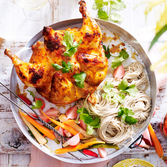 Chilli Coriander Split Chicken with Pickled Vegetables and Soba Noodles