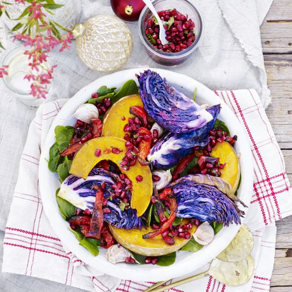 Roasted Red Cabbage and Pumpkin Wedges with Gremolata and Pomegranate Dressing