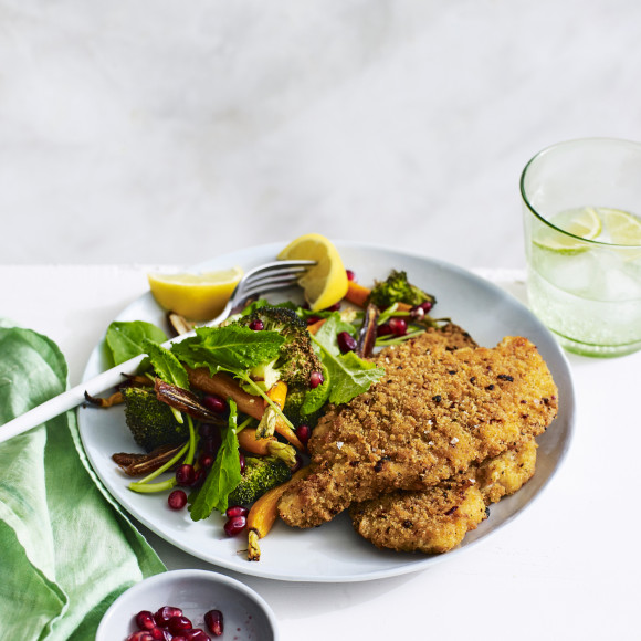 Chicken Schnitzel with Roast Broccoli and Pomegranate Salad