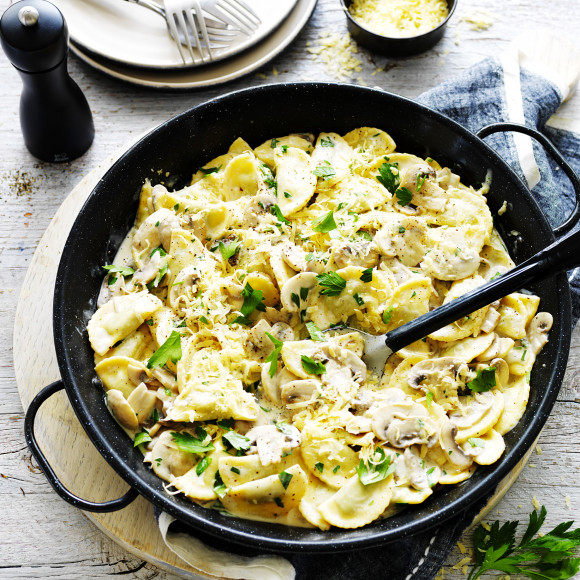Creamy Mushroom and Three-Cheese Ravioli Pasta Recipe