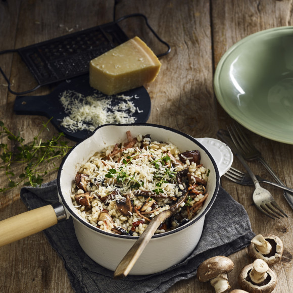 Creamy Mushroom Risotto Topped With Crispy Bacon recipe
