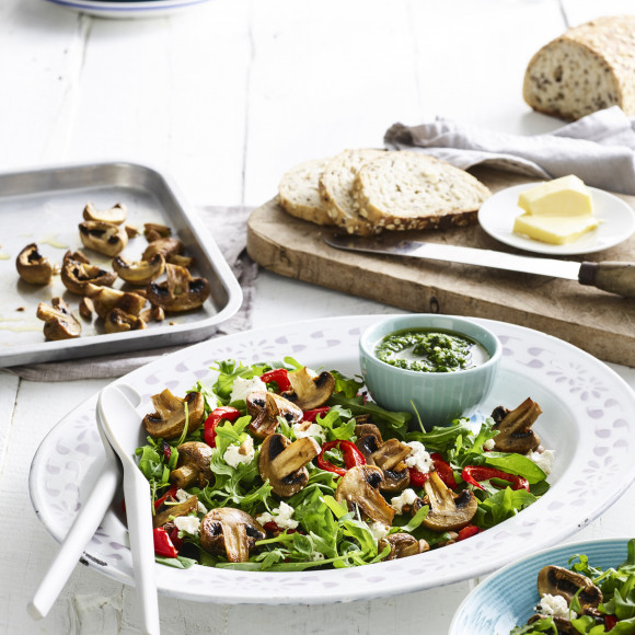Warm Roasted Mushroom and Almond Pesto Salad