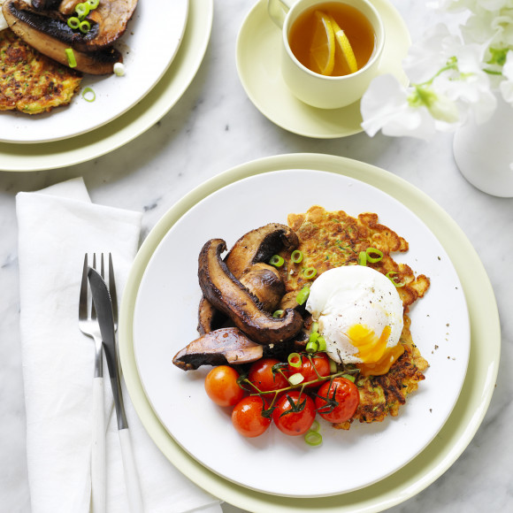 Zucchini Fritters with halloumi Mushrooms and Poached Egg