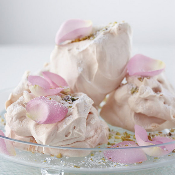 Fluffy pink rose meringues