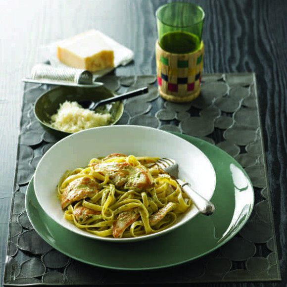 Cornfed Chicken Fettucini with Creamy Pesto Sauce