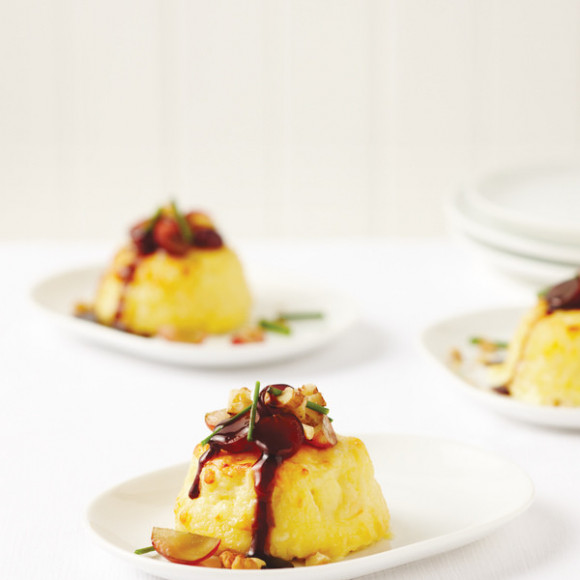 Twice Baked Cheddar Souffle with Grapes and Walnuts Maffra Cloth Aged Cheddar