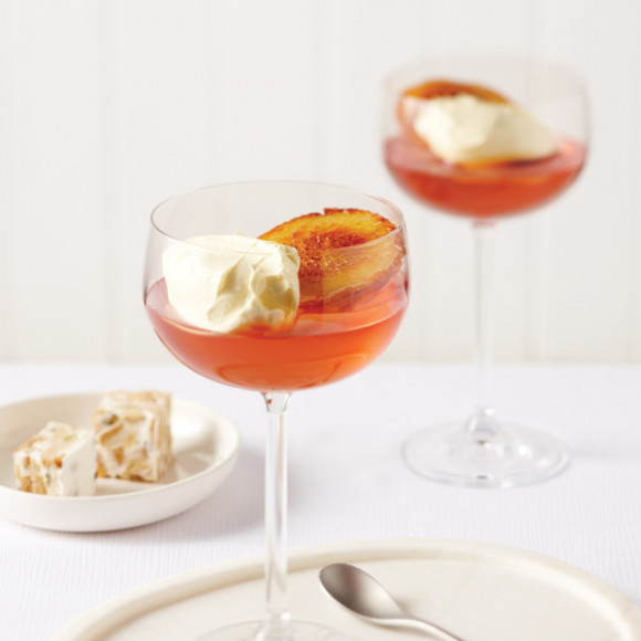 Caramelised Peach with Sparkling Jelly and Double Cream Gippsland Dairy Pure Double Cream