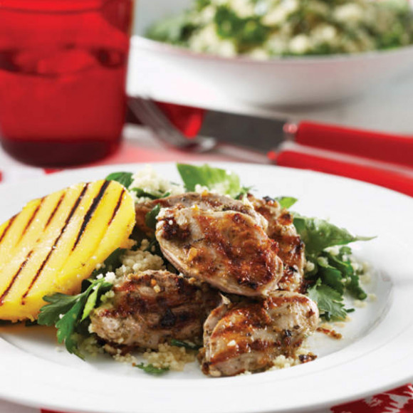 Quail with Monkey Nut Chutney Mango Fresh Herb and Couscous Salad