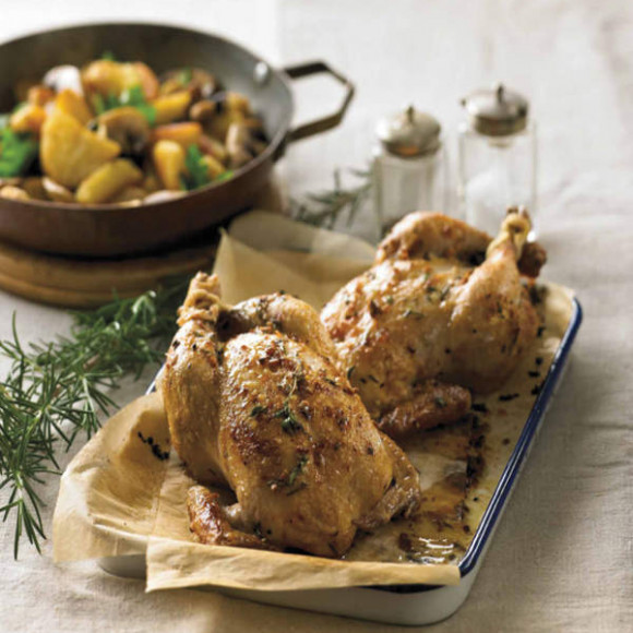 Whole Roasted Spatchcock with Rosemary and Thyme Pomme Salardaise