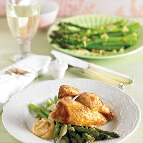 Roasted Spatchcock with Sauce Marie Rose and A Salad of Asparagus Pine Nuts and Parmesan