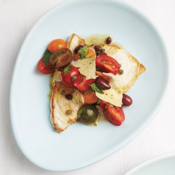 Swordfish with Sicilian Tomato, Olive and Chilli Pecorino Salad
