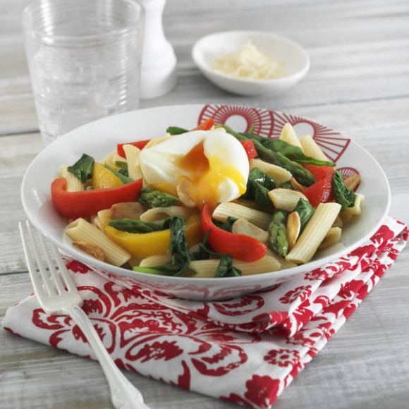 Spinach and Asparagus Pasta with Soft Boiled Egg