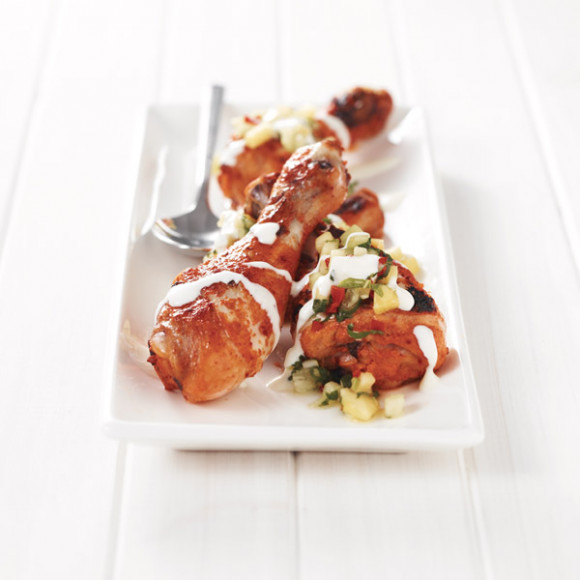 Tandoori Chicken Drumsticks with Honeydew, Pineapple and Mint Salsa