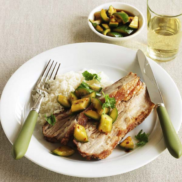 Miso roasted pork belly with pickled cucumber