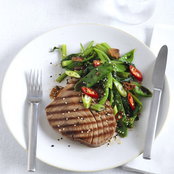 Soy glazed tuna with stir fried greens with garlic and soy