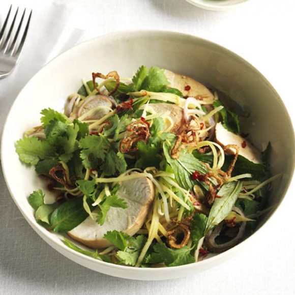 Soy-poached chicken and green mango salad