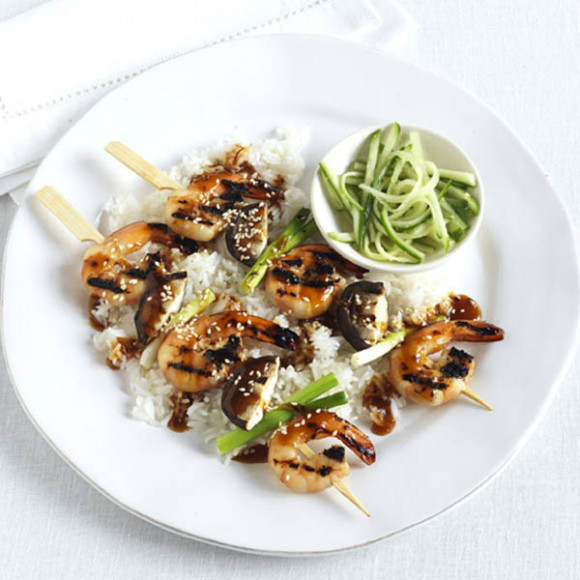 Sticky sesame-ginger-soy prawn skewers