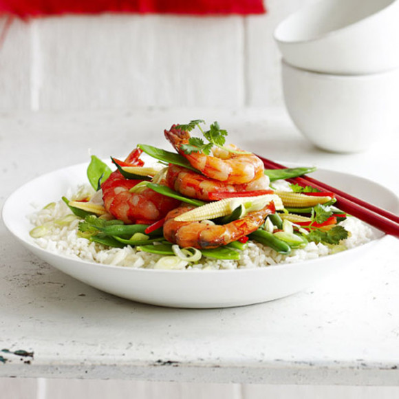Stir Fried Ginger Prawns with Asparagus and Snow Peas