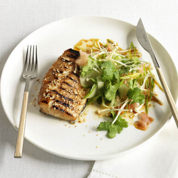 Teriyaki roast kingfish with cucumber and enoki Japanese salad