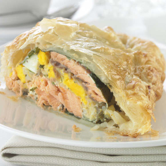 Salmon, egg and rice pie