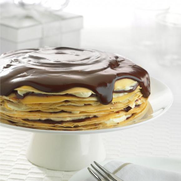 Chocolate Hazelnut Crepe Cake with Chocolate Sauce