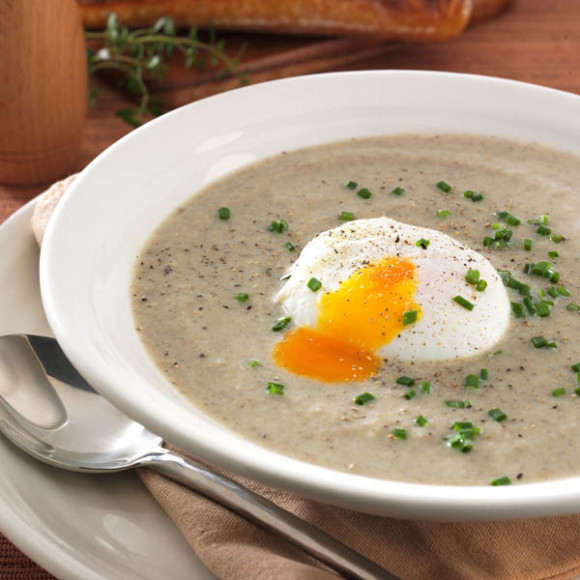 Creamed Mushroom Soup with Poached Egg, Thyme and Chives