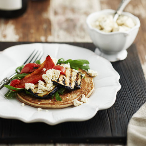 Buckwheat Pancakes with Grilled Vegetables and Feta