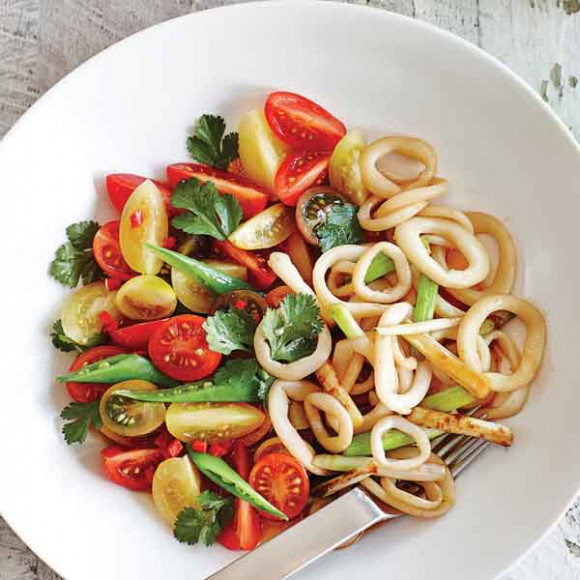 Teriyaki Calamari Stir Fry with Snow Pea Salad