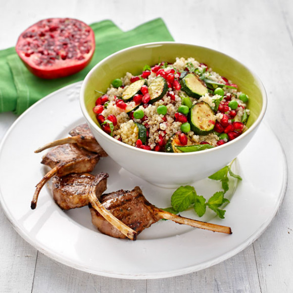 Zucchini, Pea and Quinoa Salad with Lamb Cutlets