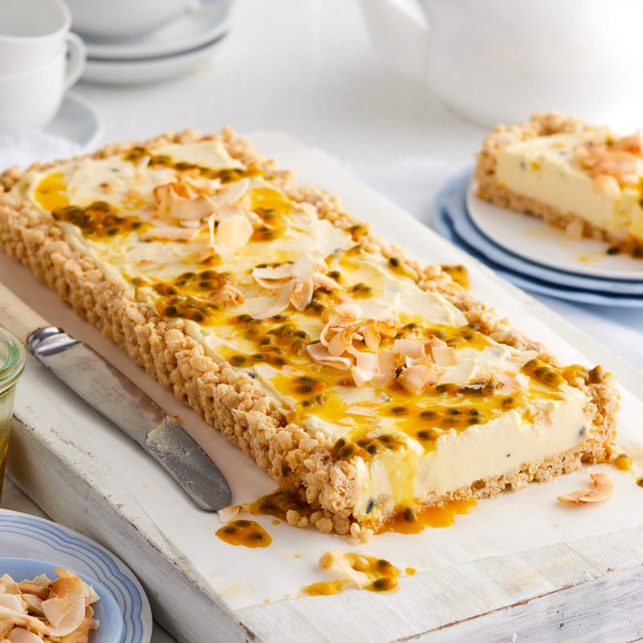 Passionfruit Coconut Crackle Slice with Caramilk and condensed milk
