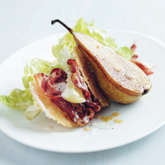 Roasted Pear and Pancetta Salad with Parmesan Wafers