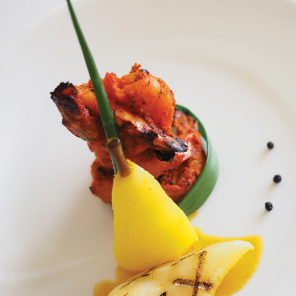 Tandoori Prawns with Saffron and Cardamom Poached Pears