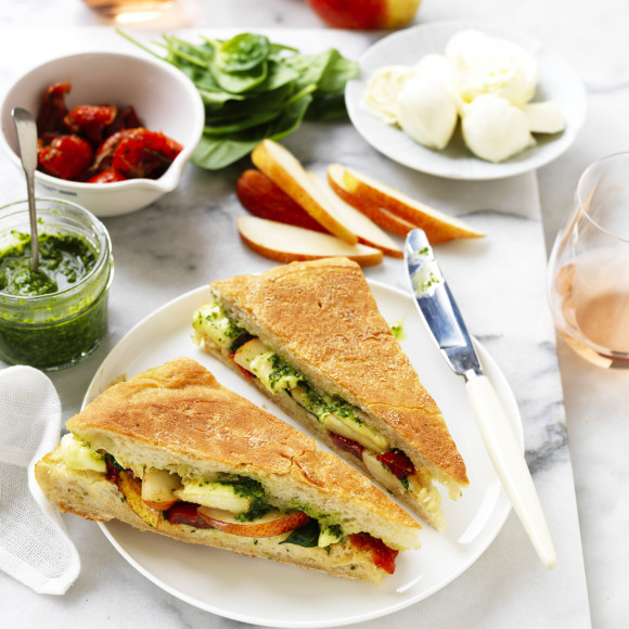 Pesto, Semi Dried Tomato, Pear and Bocconcini Toasties