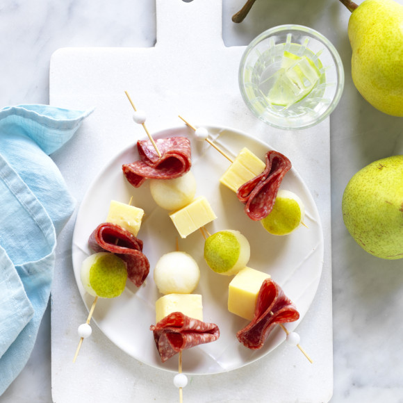 Easy party appetiser pear and cheese skewers