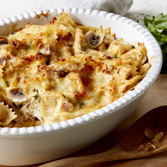 Lemon Chicken Bacon Mushroom Pasta Bake