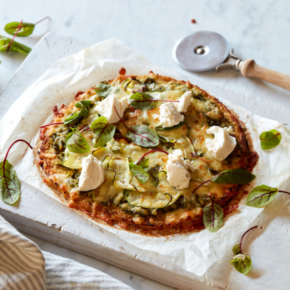Cauliflower Pizza with Pesto, Summer Veggies and Ricotta