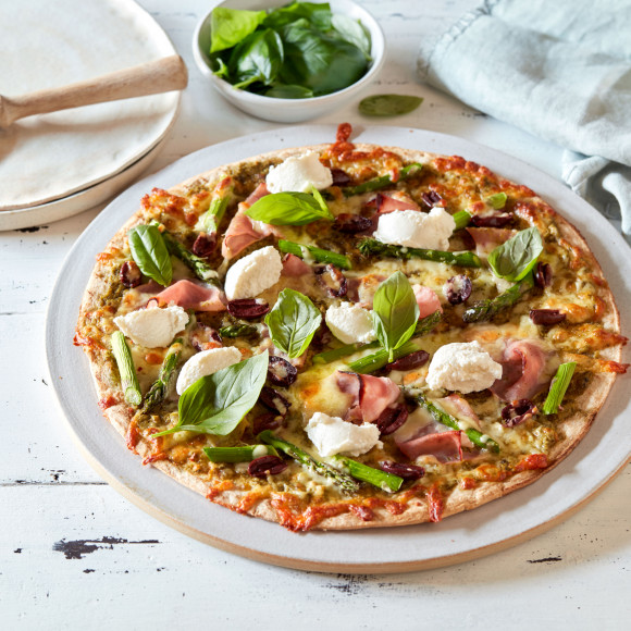 Ham, Olive, Asparagus and Ricotta Pizza