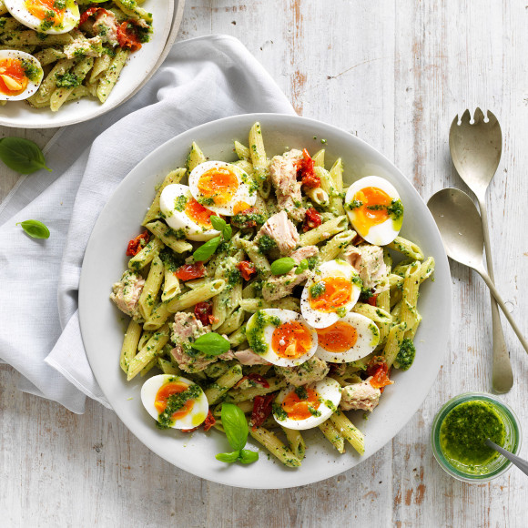 Creamy Pesto, Tuna and Egg Pasta Salad