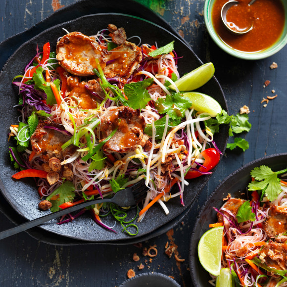 Satay Pork Vermicelli Rice Noodle Salad with fresh salad and herbs