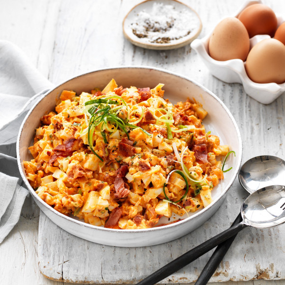 Spicy egg salad with sriracha mayonnaise and bacon