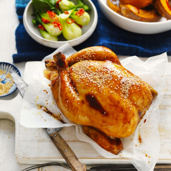 Easy winter roast chicken with orange flavours, pumpkin and vegetables