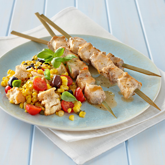 Swordfish Skewers with Corn and Ciabatta Salad